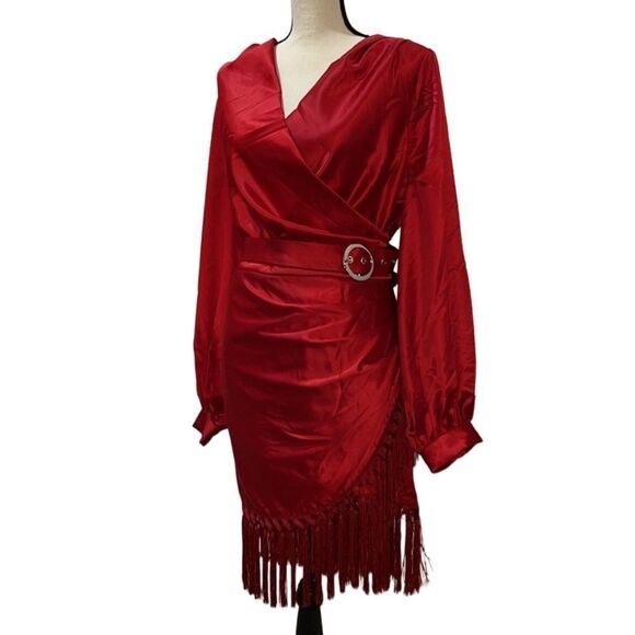 FTF Belted Satin Mini Dress With Tassels - Picture 4 of 14